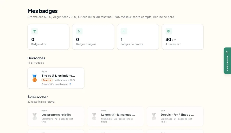 La page des badges : bronze, argent et or, un par module