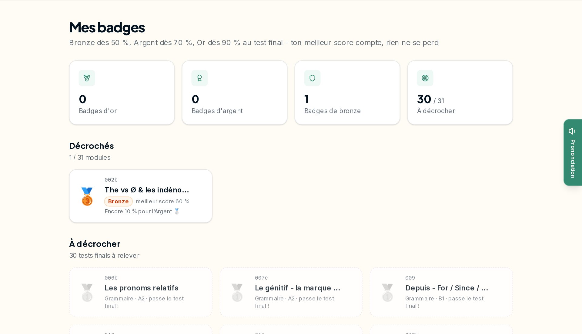 La page des badges : bronze, argent et or, un par module