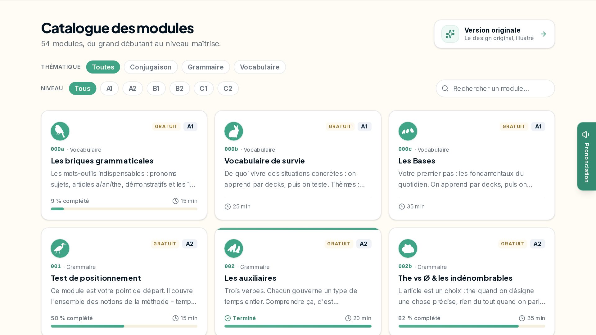 Le catalogue des modules CheminJob, avec le médaillon animalier de chaque module