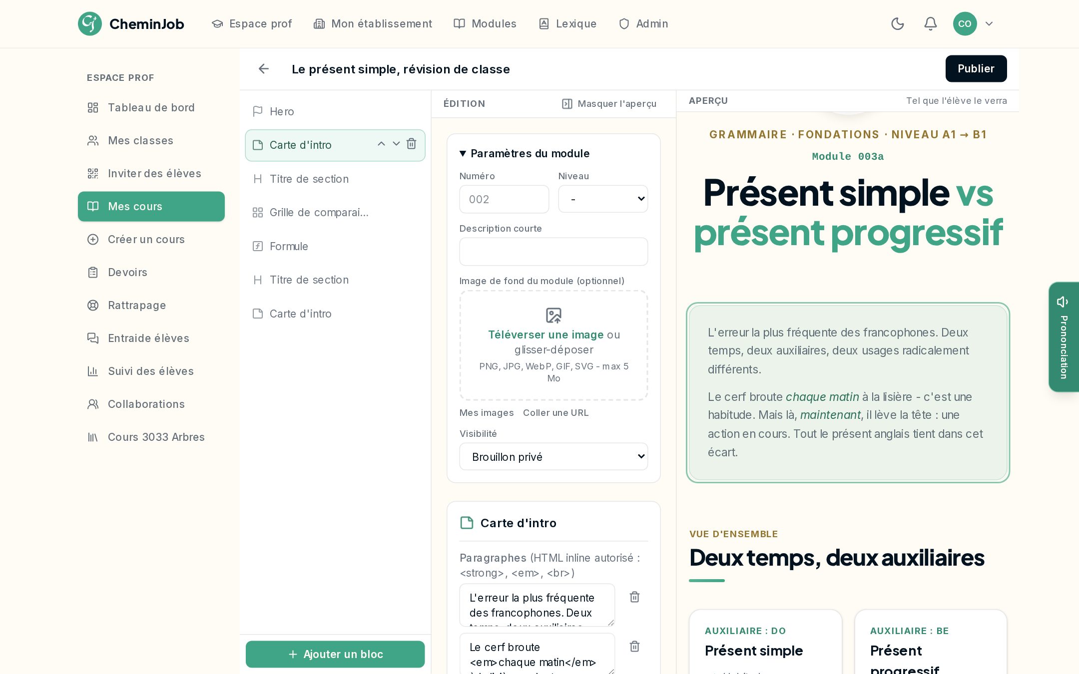 L'éditeur de cours : structure à gauche, édition au centre, aperçu à droite